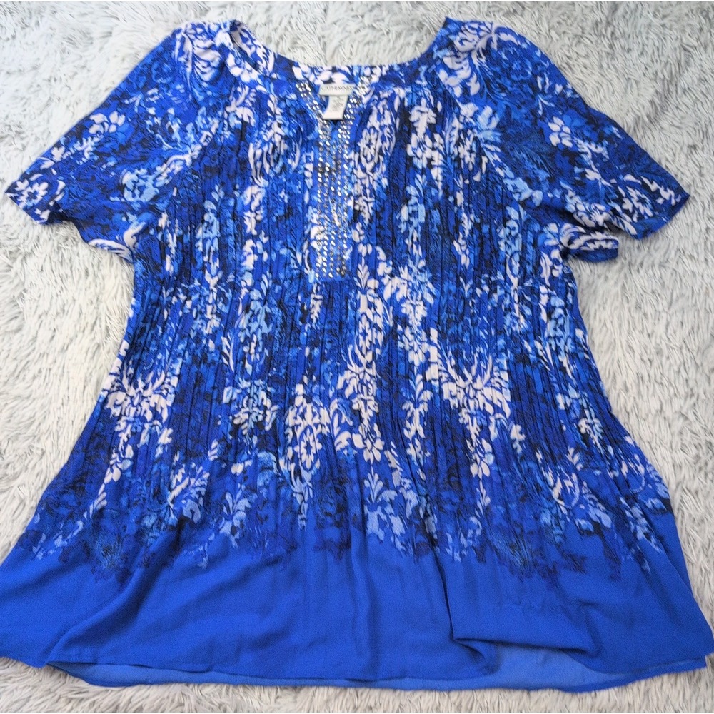 Catherines Shirt Womens 1X Blue Blouse Tunic Top Comfort Casual Stretch